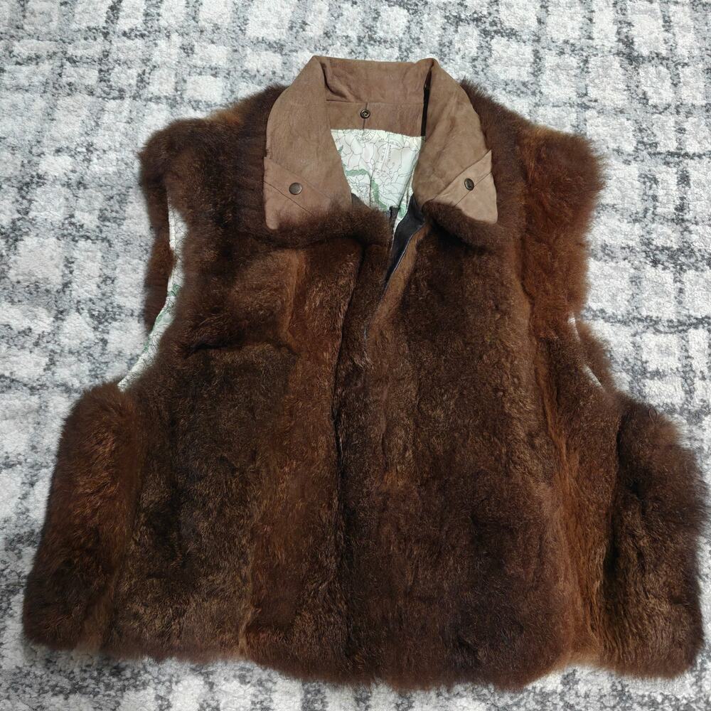 Vintage Real Possum Fur Vest Large Brown Full Zip Suede Trim Map Lining Boho